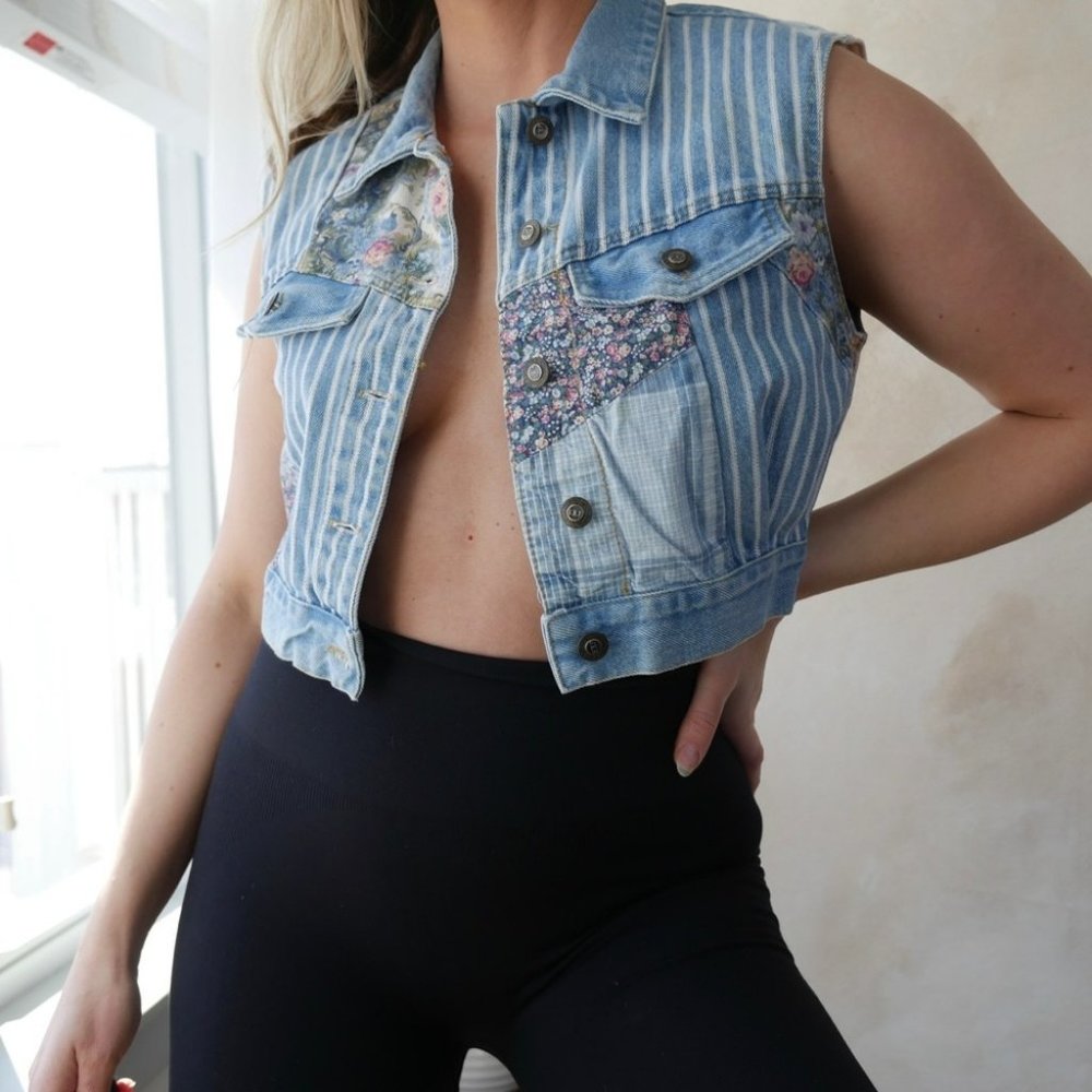 Vintage Cropped Denim/Jean Vest With Floral Patchwork